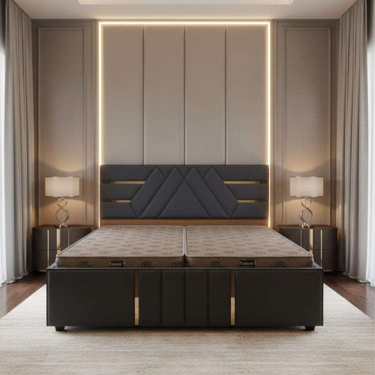 Dark Blue King Size Bed with Designer Headboard and Storage